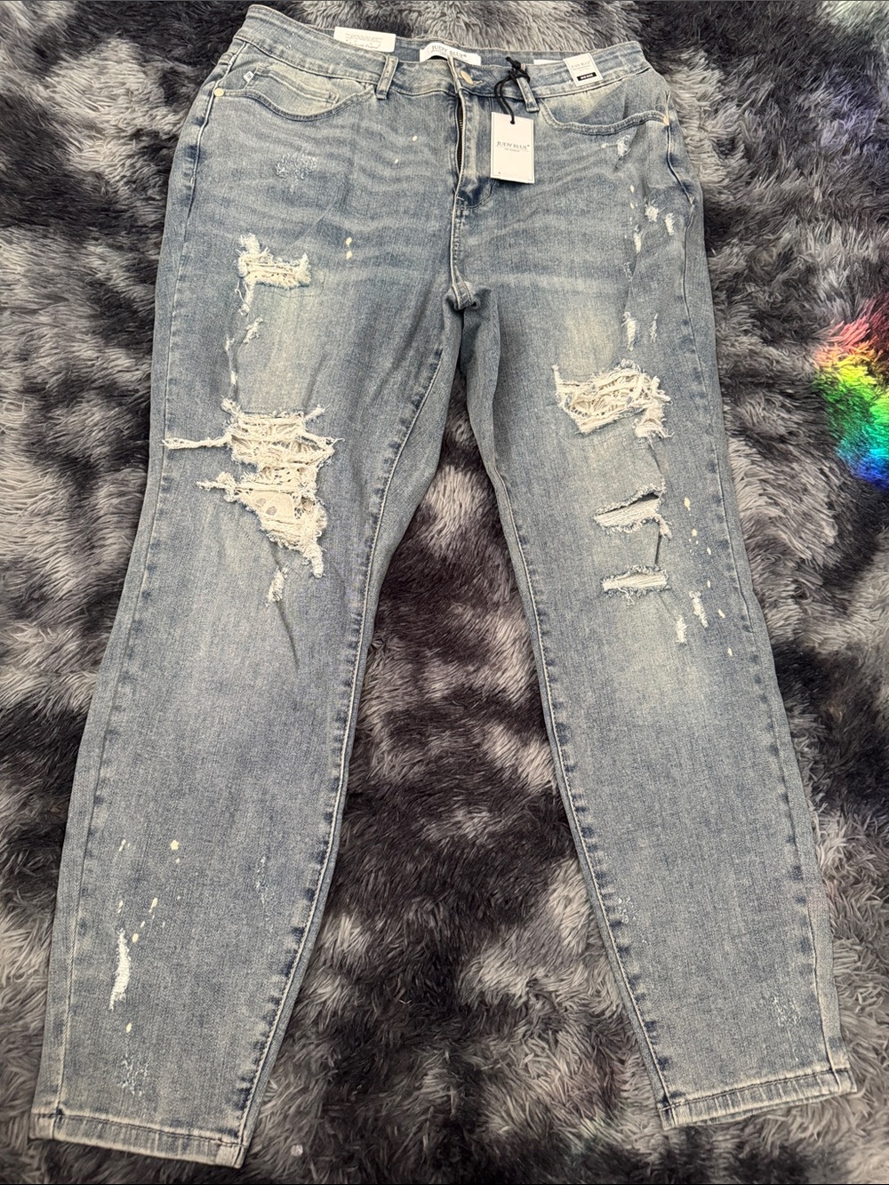 Judy Blue Light Blue Lace Distressed Skinny Jeans with Paint Flecks